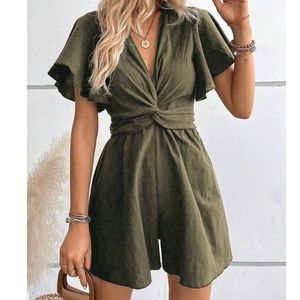 Plunging Neck Butterfly Sleeve Cotton Romper